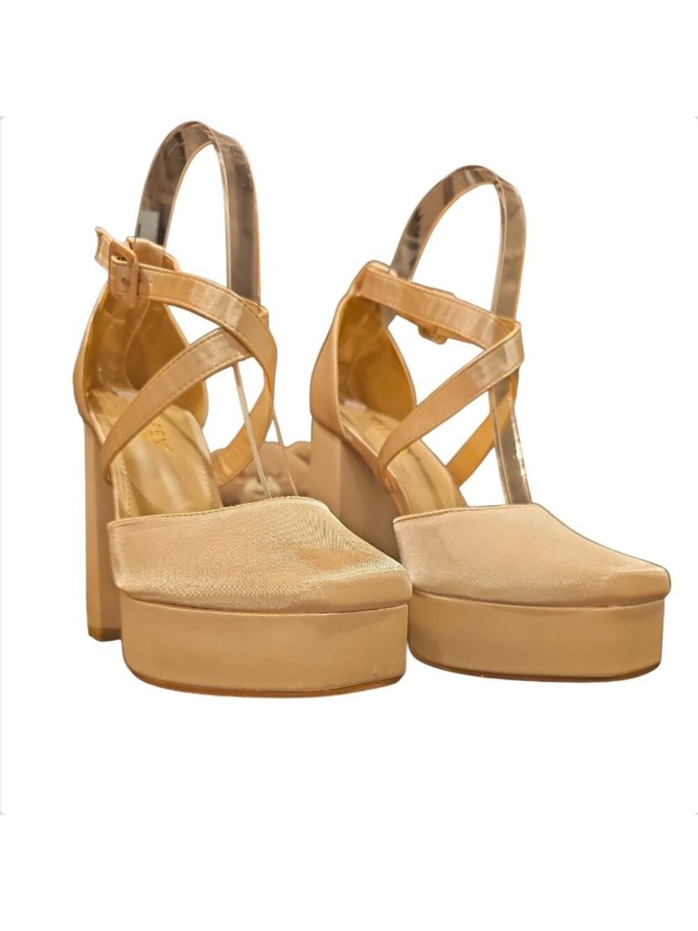 Block Heel Satin Platform Shoes With Cross-Strap Design Elegant Champagne Evenin - Picture 9 of 14